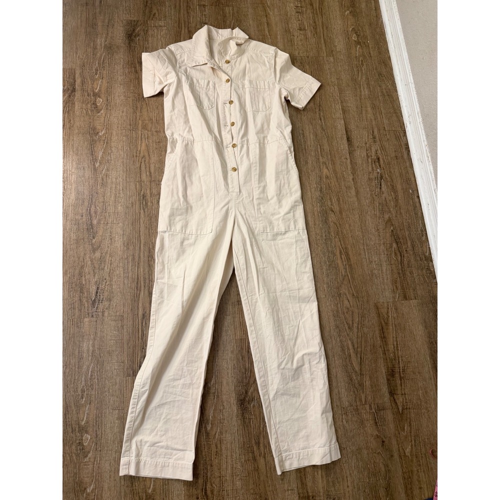 Cyrillus Paris Cream Utility Jumpsuit Short Sleeve Cotton Twill Size 6 US 36 F